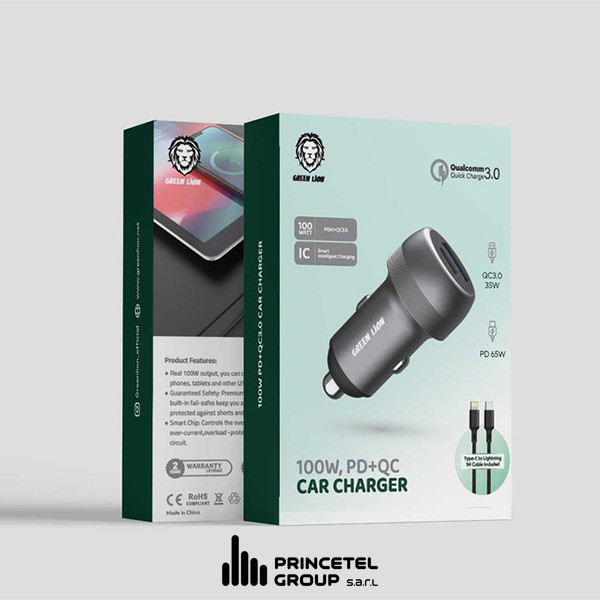 Green Lion PD+QC Car Charger 100W With Type-C To Lightning Cable 1M-Gray - mobile shop in Hamra, Beirut, Lebanon. New and used phones, iPhone, Samsung, Huawei, Xiaomi, Oppo, Realme, Honor, Google Pixel, tablets, laptops, computers, and accessories. متجر موبايلات في الحمرا، بيروت، لبنان. هواتف جديدة ومستعملة، آيفون، سامسونج، هواوي، شاومي، أوبو، ريلمي، هونر، جوجل بيكسل، أجهزة لوحية، لابتوبات، كمبيوترات، واكسسوارات.