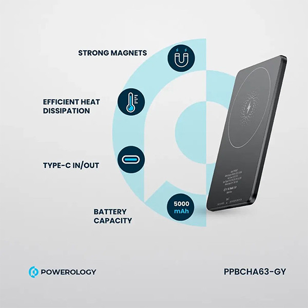 Powerology 5000  mAh 15W PD Type-C Magsafe Ultra  Slim Powerbank - Grey - mobile shop in Hamra, Beirut, Lebanon. New and used phones, iPhone, Samsung, Huawei, Xiaomi, Oppo, Realme, Honor, Google Pixel, tablets, laptops, computers, and accessories. متجر موبايلات في الحمرا، بيروت، لبنان. هواتف جديدة ومستعملة، آيفون، سامسونج، هواوي، شاومي، أوبو، ريلمي، هونر، جوجل بيكسل، أجهزة لوحية، لابتوبات، كمبيوترات، واكسسوارات.