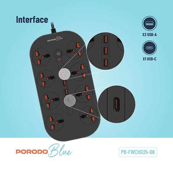 Porodo Blue 8 AC Power Socket With X1 USB-C X3 USB-A Port UK (3m wire) - Black - mobile shop in Hamra, Beirut, Lebanon. New and used phones, iPhone, Samsung, Huawei, Xiaomi, Oppo, Realme, Honor, Google Pixel, tablets, laptops, computers, and accessories. متجر موبايلات في الحمرا، بيروت، لبنان. هواتف جديدة ومستعملة، آيفون، سامسونج، هواوي، شاومي، أوبو، ريلمي، هونر، جوجل بيكسل، أجهزة لوحية، لابتوبات، كمبيوترات، واكسسوارات.