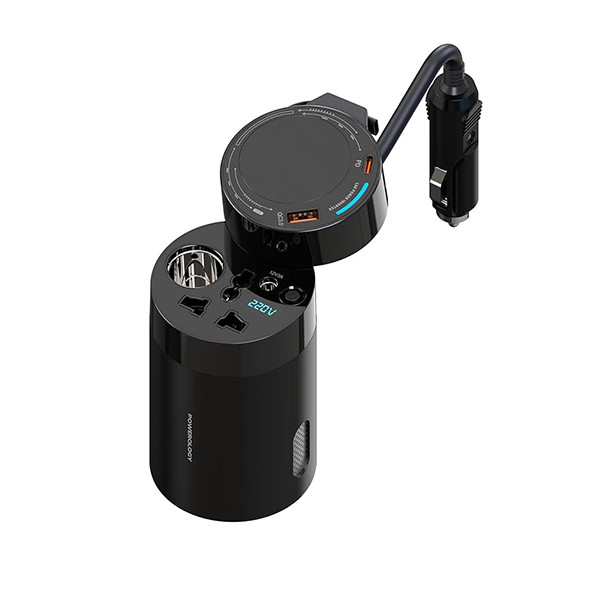 Powerology 200W Car Power Inverter With Universal AC Socket and Type C Retractable Cab - mobile shop in Hamra, Beirut, Lebanon. New and used phones, iPhone, Samsung, Huawei, Xiaomi, Oppo, Realme, Honor, Google Pixel, tablets, laptops, computers, and accessories. متجر موبايلات في الحمرا، بيروت، لبنان. هواتف جديدة ومستعملة، آيفون، سامسونج، هواوي، شاومي، أوبو، ريلمي، هونر، جوجل بيكسل، أجهزة لوحية، لابتوبات، كمبيوترات، واكسسوارات.