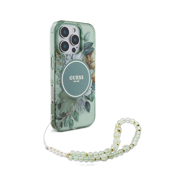 Guess MagSafe Hard Case Flower & Pearl Strap 16 Pro Max Green - mobile shop in Hamra, Beirut, Lebanon. New and used phones, iPhone, Samsung, Huawei, Xiaomi, Oppo, Realme, Honor, Google Pixel, tablets, laptops, computers, and accessories. متجر موبايلات في الحمرا، بيروت، لبنان. هواتف جديدة ومستعملة، آيفون، سامسونج، هواوي، شاومي، أوبو، ريلمي، هونر، جوجل بيكسل، أجهزة لوحية، لابتوبات، كمبيوترات، واكسسوارات.