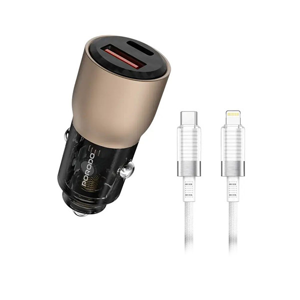 Porodo 96W  Transparent USB-A+C Port Car  Charger with C to L .9m Cable -  Desert Titanium, mobiles, lebanon, samsung, iphones, new, used, laptops, computers, huawei, phone, mobile prices in lebanon,mobile prices