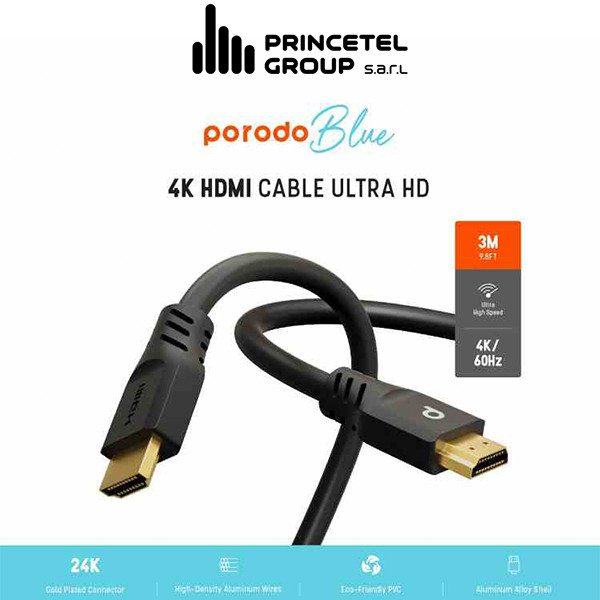 Porodo Blue 4k HDMI Ultra HD Cable 3m - mobile shop in Hamra, Beirut, Lebanon. New and used phones, iPhone, Samsung, Huawei, Xiaomi, Oppo, Realme, Honor, Google Pixel, tablets, laptops, computers, and accessories. متجر موبايلات في الحمرا، بيروت، لبنان. هواتف جديدة ومستعملة، آيفون، سامسونج، هواوي، شاومي، أوبو، ريلمي، هونر، جوجل بيكسل، أجهزة لوحية، لابتوبات، كمبيوترات، واكسسوارات.