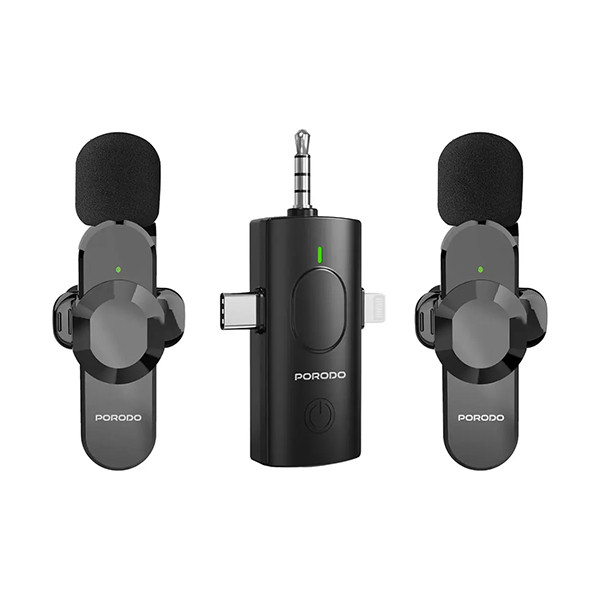 Porodo audix Elite 3 In 1 Lavalier Microphone - Type-C + Lightening + Aux - Black - mobile shop in Hamra, Beirut, Lebanon. New and used phones, iPhone, Samsung, Huawei, Xiaomi, Oppo, Realme, Honor, Google Pixel, tablets, laptops, computers, and accessories. متجر موبايلات في الحمرا، بيروت، لبنان. هواتف جديدة ومستعملة، آيفون، سامسونج، هواوي، شاومي، أوبو، ريلمي، هونر، جوجل بيكسل، أجهزة لوحية، لابتوبات، كمبيوترات، واكسسوارات.