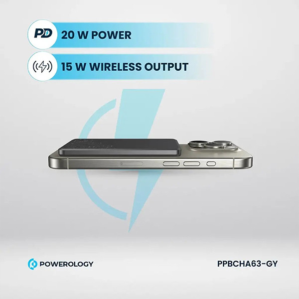 Powerology 5000  mAh 15W PD Type-C Magsafe Ultra  Slim Powerbank - Grey - mobile shop in Hamra, Beirut, Lebanon. New and used phones, iPhone, Samsung, Huawei, Xiaomi, Oppo, Realme, Honor, Google Pixel, tablets, laptops, computers, and accessories. متجر موبايلات في الحمرا، بيروت، لبنان. هواتف جديدة ومستعملة، آيفون، سامسونج، هواوي، شاومي، أوبو، ريلمي، هونر، جوجل بيكسل، أجهزة لوحية، لابتوبات، كمبيوترات، واكسسوارات.