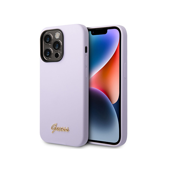 Guess – Liquid Silicone Case Pc Camera Outline Script Metal Logo – Purple For Iphone 14 Pro, mobiles, lebanon, samsung, iphones, new, used, laptops, computers, huawei, phone, mobile prices in lebanon,mobile prices