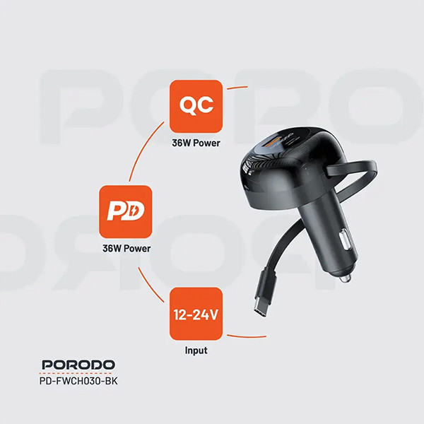 Porodo  Retractable Car Charger with  Collapsible Type C Cables - Black - mobile shop in Hamra, Beirut, Lebanon. New and used phones, iPhone, Samsung, Huawei, Xiaomi, Oppo, Realme, Honor, Google Pixel, tablets, laptops, computers, and accessories. متجر موبايلات في الحمرا، بيروت، لبنان. هواتف جديدة ومستعملة، آيفون، سامسونج، هواوي، شاومي، أوبو، ريلمي، هونر، جوجل بيكسل، أجهزة لوحية، لابتوبات، كمبيوترات، واكسسوارات.
