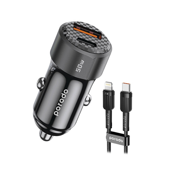 Porodo 50W Dual Port Car Charger PD 20W QC 30W With Type C  Cable BLACK, mobiles, lebanon, samsung, iphones, new, used, laptops, computers, huawei, phone, mobile prices in lebanon,mobile prices