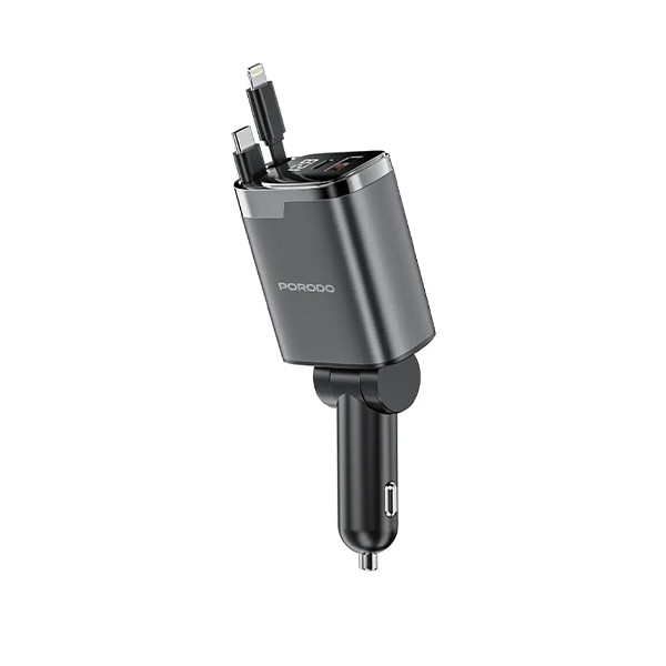 Porodo 111W Multi-  Port Car Charger with Built-in Type-C  + Lightning Cables + Digital Dis  isplay - Gray - mobile shop in Hamra, Beirut, Lebanon. New and used phones, iPhone, Samsung, Huawei, Xiaomi, Oppo, Realme, Honor, Google Pixel, tablets, laptops, computers, and accessories. متجر موبايلات في الحمرا، بيروت، لبنان. هواتف جديدة ومستعملة، آيفون، سامسونج، هواوي، شاومي، أوبو، ريلمي، هونر، جوجل بيكسل، أجهزة لوحية، لابتوبات، كمبيوترات، واكسسوارات.