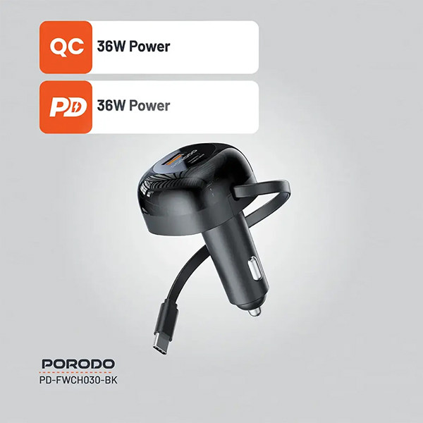 Porodo  Retractable Car Charger with  Collapsible Type C Cables - Black - mobile shop in Hamra, Beirut, Lebanon. New and used phones, iPhone, Samsung, Huawei, Xiaomi, Oppo, Realme, Honor, Google Pixel, tablets, laptops, computers, and accessories. متجر موبايلات في الحمرا، بيروت، لبنان. هواتف جديدة ومستعملة، آيفون، سامسونج، هواوي، شاومي، أوبو، ريلمي، هونر، جوجل بيكسل، أجهزة لوحية، لابتوبات، كمبيوترات، واكسسوارات.