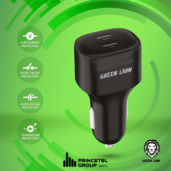 Green Lion Dual Port USB -C Car Charger 45w -Black - mobile shop in Hamra, Beirut, Lebanon. New and used phones, iPhone, Samsung, Huawei, Xiaomi, Oppo, Realme, Honor, Google Pixel, tablets, laptops, computers, and accessories. متجر موبايلات في الحمرا، بيروت، لبنان. هواتف جديدة ومستعملة، آيفون، سامسونج، هواوي، شاومي، أوبو، ريلمي، هونر، جوجل بيكسل، أجهزة لوحية، لابتوبات، كمبيوترات، واكسسوارات.