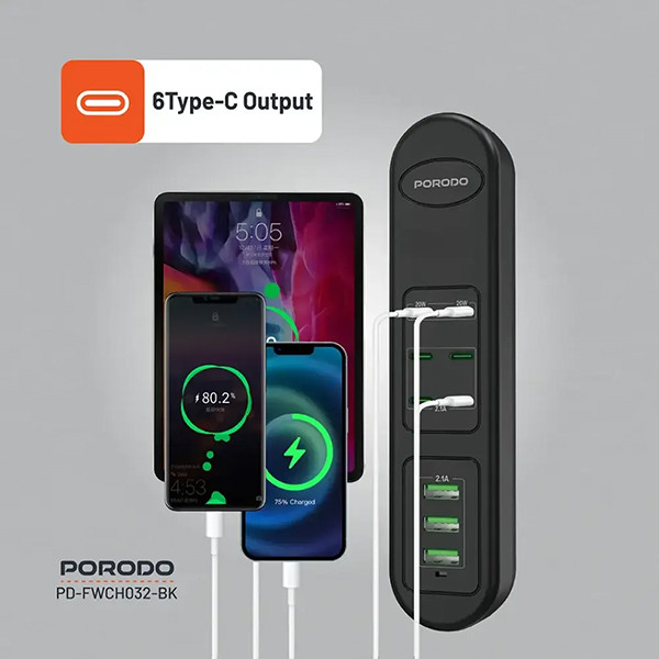 Porodo 50W PDx6 USBx3 Fast Charging Strip UK (2m Wire) - Black - mobile shop in Hamra, Beirut, Lebanon. New and used phones, iPhone, Samsung, Huawei, Xiaomi, Oppo, Realme, Honor, Google Pixel, tablets, laptops, computers, and accessories. متجر موبايلات في الحمرا، بيروت، لبنان. هواتف جديدة ومستعملة، آيفون، سامسونج، هواوي، شاومي، أوبو، ريلمي، هونر، جوجل بيكسل، أجهزة لوحية، لابتوبات، كمبيوترات، واكسسوارات.