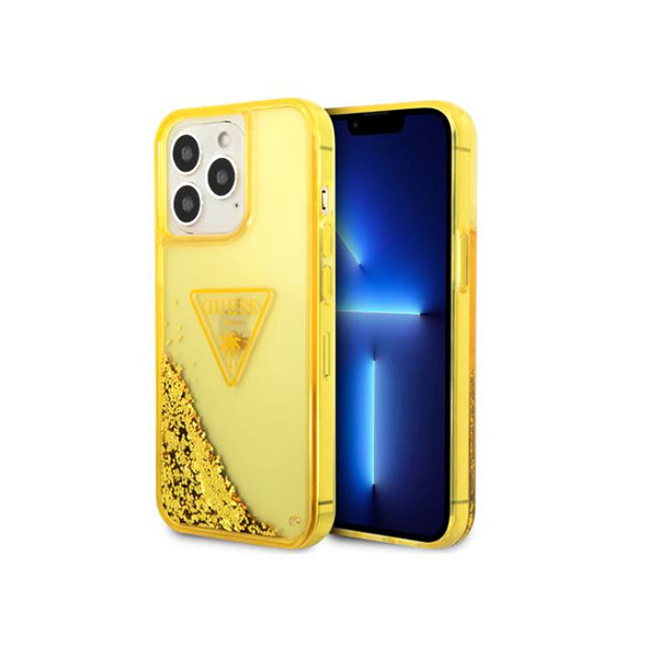 Guess Liquid Glitter Case with Translucent Triangle Logo, Extra Shine iPhone 14 Pro Compatibility - Yellow, mobiles, lebanon, samsung, iphones, new, used, laptops, computers, huawei, phone, mobile prices in lebanon,mobile prices