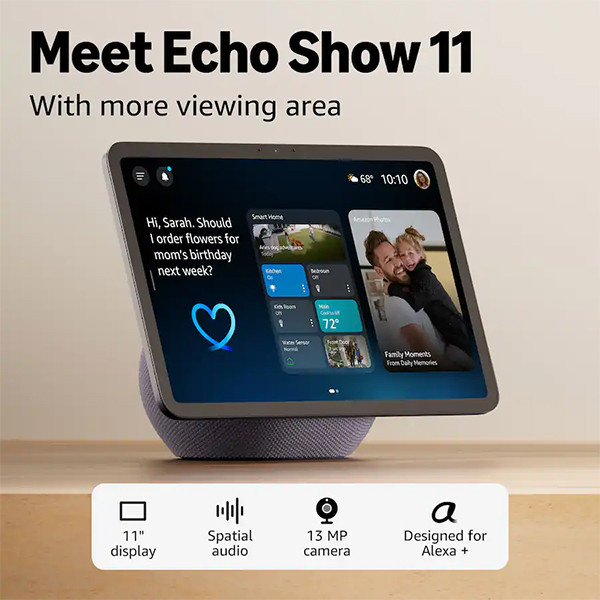 Amazon - Echo Show 11, Vibrant Full-HD 11" display with more viewing area and spatial audio, designed for Alexa+ - Graphite - mobile shop in Hamra, Beirut, Lebanon. New and used phones, iPhone, Samsung, Huawei, Xiaomi, Oppo, Realme, Honor, Google Pixel, tablets, laptops, computers, and accessories. متجر موبايلات في الحمرا، بيروت، لبنان. هواتف جديدة ومستعملة، آيفون، سامسونج، هواوي، شاومي، أوبو، ريلمي، هونر، جوجل بيكسل، أجهزة لوحية، لابتوبات، كمبيوترات، واكسسوارات.