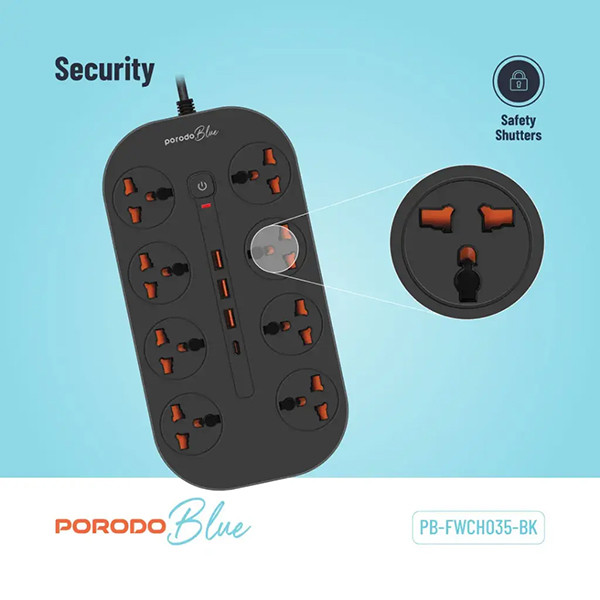 Porodo Blue 8 AC Power Socket With X1 USB-C X3 USB-A Port UK (3m wire) - Black - mobile shop in Hamra, Beirut, Lebanon. New and used phones, iPhone, Samsung, Huawei, Xiaomi, Oppo, Realme, Honor, Google Pixel, tablets, laptops, computers, and accessories. متجر موبايلات في الحمرا، بيروت، لبنان. هواتف جديدة ومستعملة، آيفون، سامسونج، هواوي، شاومي، أوبو، ريلمي، هونر، جوجل بيكسل، أجهزة لوحية، لابتوبات، كمبيوترات، واكسسوارات.