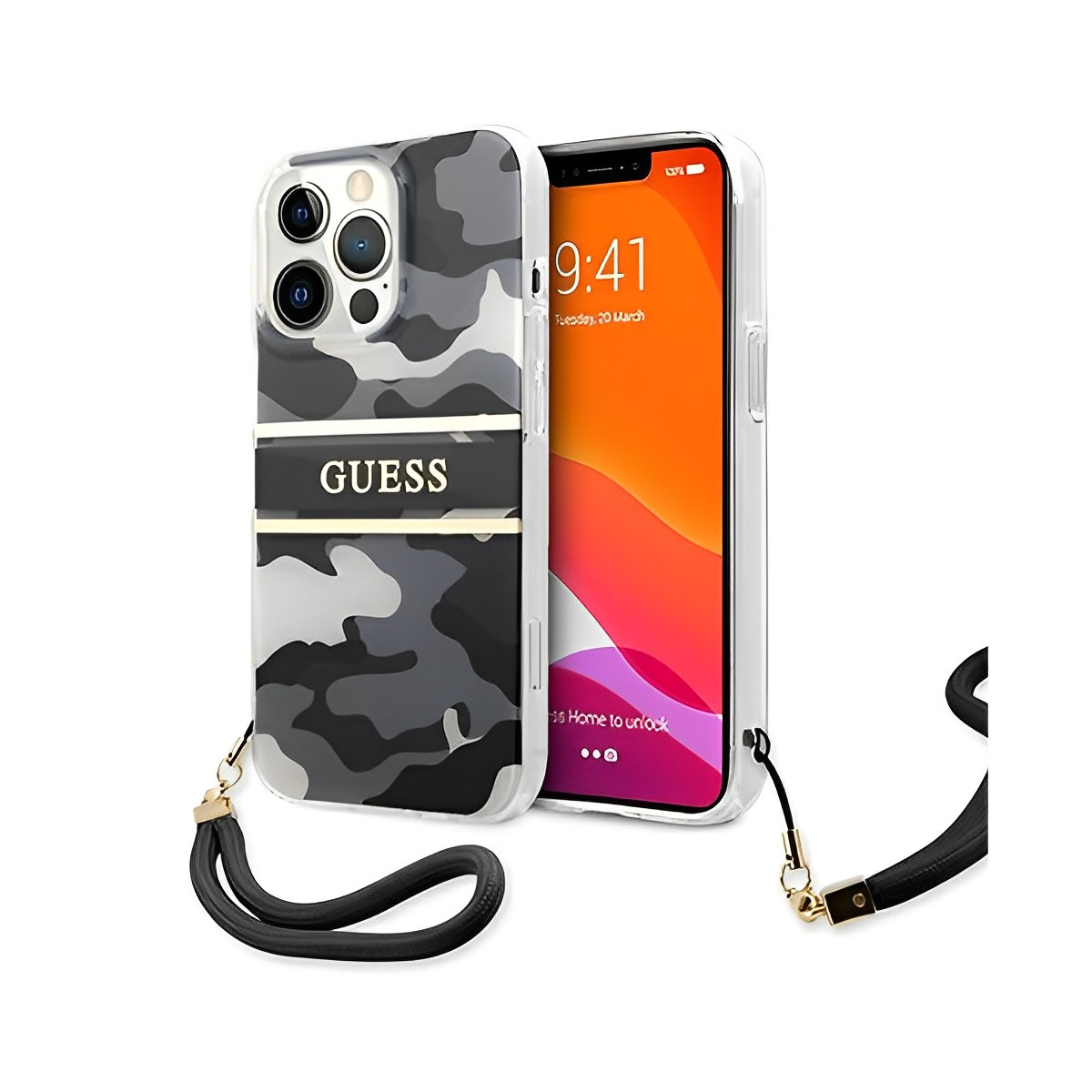 Guess iPhone 13 Pro / 13 6.1" black/black hardcase Camo Strap Collection, mobiles, lebanon, samsung, iphones, new, used, laptops, computers, huawei, phone, mobile prices in lebanon,mobile prices