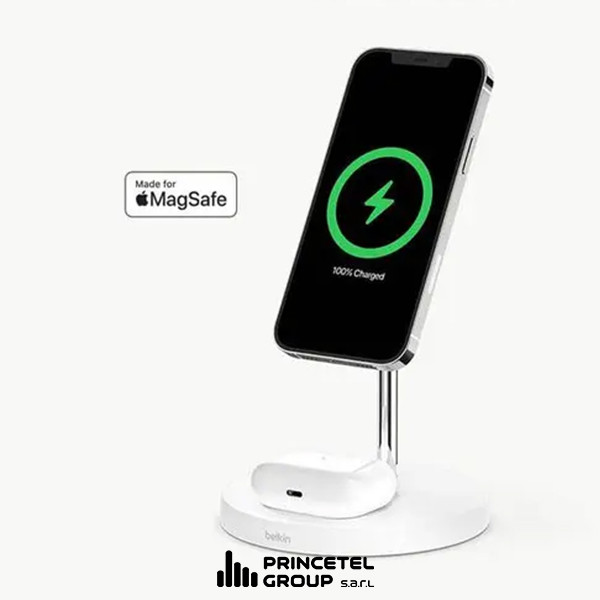 Belkin BoostCharge Pro 2-in-1 Wireless Charger Stand with MagSafe 15W - mobile shop in Hamra, Beirut, Lebanon. New and used phones, iPhone, Samsung, Huawei, Xiaomi, Oppo, Realme, Honor, Google Pixel, tablets, laptops, computers, and accessories. متجر موبايلات في الحمرا، بيروت، لبنان. هواتف جديدة ومستعملة، آيفون، سامسونج، هواوي، شاومي، أوبو، ريلمي، هونر، جوجل بيكسل، أجهزة لوحية، لابتوبات، كمبيوترات، واكسسوارات.