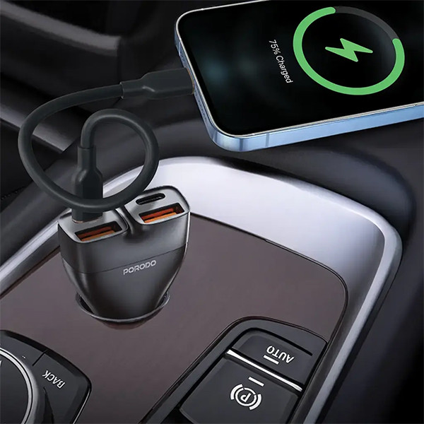Porodo Dualpower  102W Car Charger USB-C To  Lightning Cable - Black - mobile shop in Hamra, Beirut, Lebanon. New and used phones, iPhone, Samsung, Huawei, Xiaomi, Oppo, Realme, Honor, Google Pixel, tablets, laptops, computers, and accessories. متجر موبايلات في الحمرا، بيروت، لبنان. هواتف جديدة ومستعملة، آيفون، سامسونج، هواوي، شاومي، أوبو، ريلمي، هونر، جوجل بيكسل، أجهزة لوحية، لابتوبات، كمبيوترات، واكسسوارات.