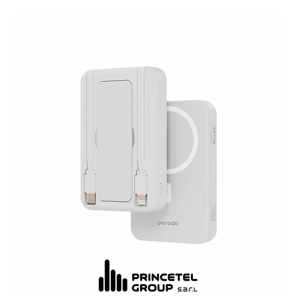 Porodo 10000 mAh Magsafe  Powerbank Attach with Type C and Lightning  Cable - white - mobile shop in Hamra, Beirut, Lebanon. New and used phones, iPhone, Samsung, Huawei, Xiaomi, Oppo, Realme, Honor, Google Pixel, tablets, laptops, computers, and accessories. متجر موبايلات في الحمرا، بيروت، لبنان. هواتف جديدة ومستعملة، آيفون، سامسونج، هواوي، شاومي، أوبو، ريلمي، هونر، جوجل بيكسل، أجهزة لوحية، لابتوبات، كمبيوترات، واكسسوارات.
