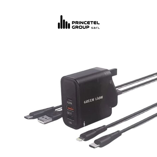 Green Lion Ultra Quick 3 output compact charger with 2 cables 50w - mobile shop in Hamra, Beirut, Lebanon. New and used phones, iPhone, Samsung, Huawei, Xiaomi, Oppo, Realme, Honor, Google Pixel, tablets, laptops, computers, and accessories. متجر موبايلات في الحمرا، بيروت، لبنان. هواتف جديدة ومستعملة، آيفون، سامسونج، هواوي، شاومي، أوبو، ريلمي، هونر، جوجل بيكسل، أجهزة لوحية، لابتوبات، كمبيوترات، واكسسوارات.
