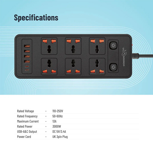 Porodo Blue 6 AC Power Socket With X2 USB-C X4 USB-A Port UK (3m wire) - Black - mobile shop in Hamra, Beirut, Lebanon. New and used phones, iPhone, Samsung, Huawei, Xiaomi, Oppo, Realme, Honor, Google Pixel, tablets, laptops, computers, and accessories. متجر موبايلات في الحمرا، بيروت، لبنان. هواتف جديدة ومستعملة، آيفون، سامسونج، هواوي، شاومي، أوبو، ريلمي، هونر، جوجل بيكسل، أجهزة لوحية، لابتوبات، كمبيوترات، واكسسوارات.