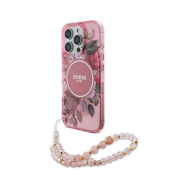 Guess MagSafe Hard Case Flower & Pearl Strap 16 Pro Max Pink - mobile shop in Hamra, Beirut, Lebanon. New and used phones, iPhone, Samsung, Huawei, Xiaomi, Oppo, Realme, Honor, Google Pixel, tablets, laptops, computers, and accessories. متجر موبايلات في الحمرا، بيروت، لبنان. هواتف جديدة ومستعملة، آيفون، سامسونج، هواوي، شاومي، أوبو، ريلمي، هونر، جوجل بيكسل، أجهزة لوحية، لابتوبات، كمبيوترات، واكسسوارات.
