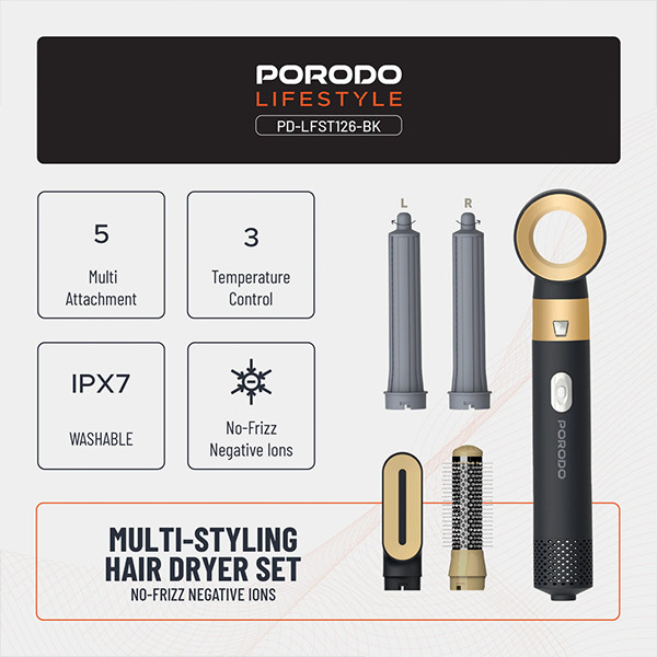 Porodo Lifestyle 600W 5-in-1 Hot Air Hair Styler with 360° Power Cord - Black - mobile shop in Hamra, Beirut, Lebanon. New and used phones, iPhone, Samsung, Huawei, Xiaomi, Oppo, Realme, Honor, Google Pixel, tablets, laptops, computers, and accessories. متجر موبايلات في الحمرا، بيروت، لبنان. هواتف جديدة ومستعملة، آيفون، سامسونج، هواوي، شاومي، أوبو، ريلمي، هونر، جوجل بيكسل، أجهزة لوحية، لابتوبات، كمبيوترات، واكسسوارات.