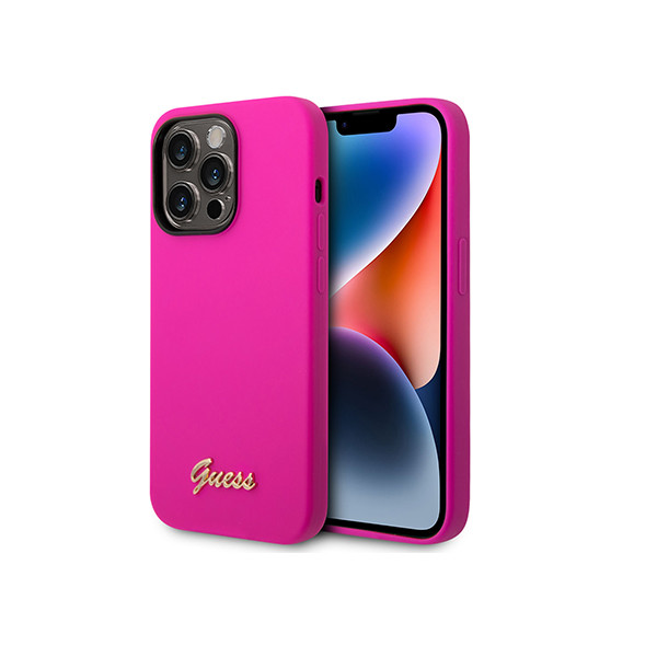 Guess – Liquid Silicone Case Pc Camera Outline Script Metal Logo – Fuschia For Iphone 14 Pro, mobiles, lebanon, samsung, iphones, new, used, laptops, computers, huawei, phone, mobile prices in lebanon,mobile prices
