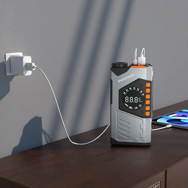 Porodo VoltBoost  Portable 10000mAh 3 In 1 Jump  Starter Power Bank With Air  Compressor  & Light - Gray - mobile shop in Hamra, Beirut, Lebanon. New and used phones, iPhone, Samsung, Huawei, Xiaomi, Oppo, Realme, Honor, Google Pixel, tablets, laptops, computers, and accessories. متجر موبايلات في الحمرا، بيروت، لبنان. هواتف جديدة ومستعملة، آيفون، سامسونج، هواوي، شاومي، أوبو، ريلمي، هونر، جوجل بيكسل، أجهزة لوحية، لابتوبات، كمبيوترات، واكسسوارات.