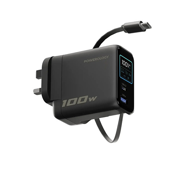 Powerology  100W TFT Adaptor with  Retractable  Cable 1C & 1A - Black - mobile shop in Hamra, Beirut, Lebanon. New and used phones, iPhone, Samsung, Huawei, Xiaomi, Oppo, Realme, Honor, Google Pixel, tablets, laptops, computers, and accessories. متجر موبايلات في الحمرا، بيروت، لبنان. هواتف جديدة ومستعملة، آيفون، سامسونج، هواوي، شاومي، أوبو، ريلمي، هونر، جوجل بيكسل، أجهزة لوحية، لابتوبات، كمبيوترات، واكسسوارات.