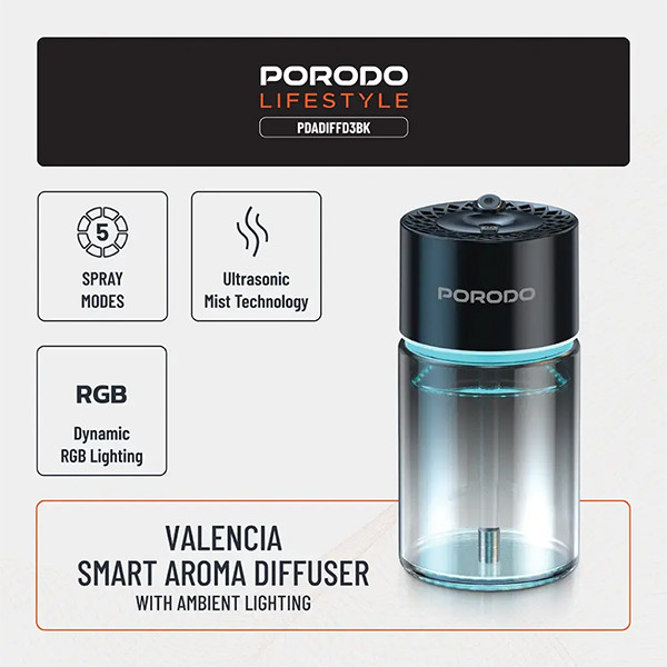 Porodo Valencia 300mah 120ML Diffuser With RGB - Black - mobile shop in Hamra, Beirut, Lebanon. New and used phones, iPhone, Samsung, Huawei, Xiaomi, Oppo, Realme, Honor, Google Pixel, tablets, laptops, computers, and accessories. متجر موبايلات في الحمرا، بيروت، لبنان. هواتف جديدة ومستعملة، آيفون، سامسونج، هواوي، شاومي، أوبو، ريلمي، هونر، جوجل بيكسل، أجهزة لوحية، لابتوبات، كمبيوترات، واكسسوارات.