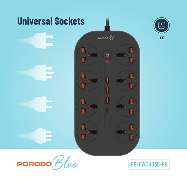 Porodo Blue 8 AC Power Socket With X1 USB-C X3 USB-A Port UK (3m wire) - Black - mobile shop in Hamra, Beirut, Lebanon. New and used phones, iPhone, Samsung, Huawei, Xiaomi, Oppo, Realme, Honor, Google Pixel, tablets, laptops, computers, and accessories. متجر موبايلات في الحمرا، بيروت، لبنان. هواتف جديدة ومستعملة، آيفون، سامسونج، هواوي، شاومي، أوبو، ريلمي، هونر، جوجل بيكسل، أجهزة لوحية، لابتوبات، كمبيوترات، واكسسوارات.