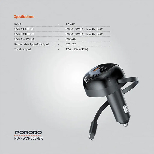 Porodo  Retractable Car Charger with  Collapsible Type C Cables - Black - mobile shop in Hamra, Beirut, Lebanon. New and used phones, iPhone, Samsung, Huawei, Xiaomi, Oppo, Realme, Honor, Google Pixel, tablets, laptops, computers, and accessories. متجر موبايلات في الحمرا، بيروت، لبنان. هواتف جديدة ومستعملة، آيفون، سامسونج، هواوي، شاومي، أوبو، ريلمي، هونر، جوجل بيكسل، أجهزة لوحية، لابتوبات، كمبيوترات، واكسسوارات.