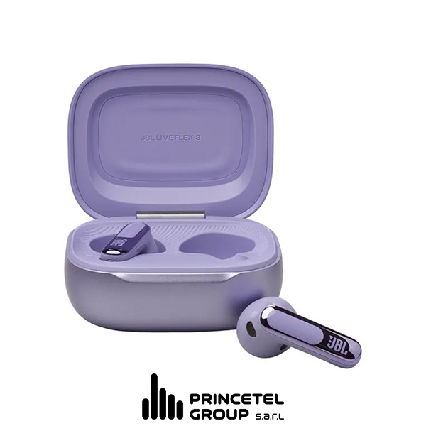 JBL Live Flex 3 True Wireless  Noise Cancelling Earbuds With Display - Purple - mobile shop in Hamra, Beirut, Lebanon. New and used phones, iPhone, Samsung, Huawei, Xiaomi, Oppo, Realme, Honor, Google Pixel, tablets, laptops, computers, and accessories. متجر موبايلات في الحمرا، بيروت، لبنان. هواتف جديدة ومستعملة، آيفون، سامسونج، هواوي، شاومي، أوبو، ريلمي، هونر، جوجل بيكسل، أجهزة لوحية، لابتوبات، كمبيوترات، واكسسوارات.