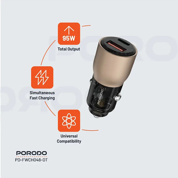 Porodo 95W  Transparent USB A+C Port Car  Charger - Desert Titanium - mobile shop in Hamra, Beirut, Lebanon. New and used phones, iPhone, Samsung, Huawei, Xiaomi, Oppo, Realme, Honor, Google Pixel, tablets, laptops, computers, and accessories. متجر موبايلات في الحمرا، بيروت، لبنان. هواتف جديدة ومستعملة، آيفون، سامسونج، هواوي، شاومي، أوبو، ريلمي، هونر، جوجل بيكسل، أجهزة لوحية، لابتوبات، كمبيوترات، واكسسوارات.