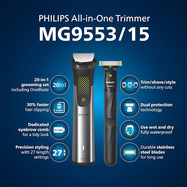 Philips All in One Trimmer Serier 9000, MG9553/15 - mobile shop in Hamra, Beirut, Lebanon. New and used phones, iPhone, Samsung, Huawei, Xiaomi, Oppo, Realme, Honor, Google Pixel, tablets, laptops, computers, and accessories. متجر موبايلات في الحمرا، بيروت، لبنان. هواتف جديدة ومستعملة، آيفون، سامسونج، هواوي، شاومي، أوبو، ريلمي، هونر، جوجل بيكسل، أجهزة لوحية، لابتوبات، كمبيوترات، واكسسوارات.