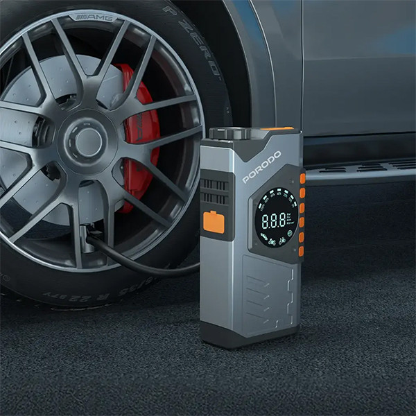 Porodo VoltBoost  Portable 10000mAh 3 In 1 Jump  Starter Power Bank With Air  Compressor  & Light - Gray - mobile shop in Hamra, Beirut, Lebanon. New and used phones, iPhone, Samsung, Huawei, Xiaomi, Oppo, Realme, Honor, Google Pixel, tablets, laptops, computers, and accessories. متجر موبايلات في الحمرا، بيروت، لبنان. هواتف جديدة ومستعملة، آيفون، سامسونج، هواوي، شاومي، أوبو، ريلمي، هونر، جوجل بيكسل، أجهزة لوحية، لابتوبات، كمبيوترات، واكسسوارات.