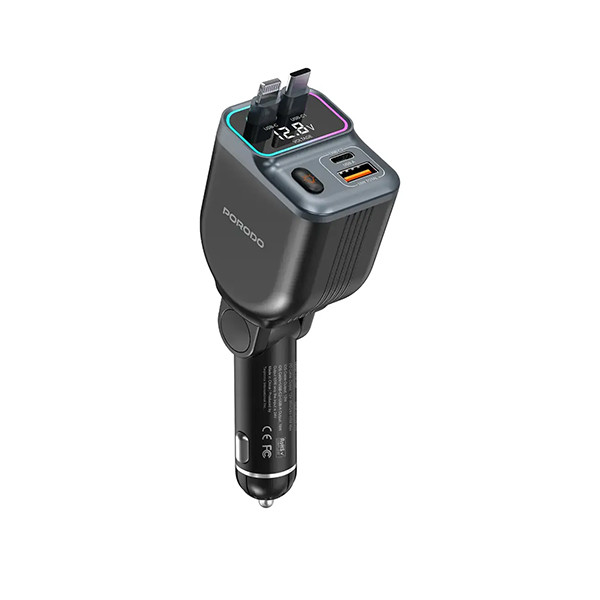 Porodo Retractable  Lightning+USB-A port+TYPE-C port  Color Lights: One-click Option - Black, mobiles, lebanon, samsung, iphones, new, used, laptops, computers, huawei, phone, mobile prices in lebanon,mobile prices