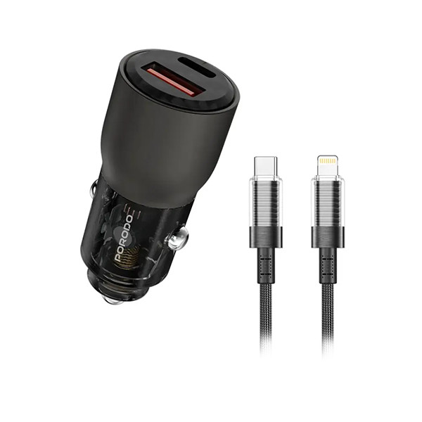 Porodo 96W  Transparent USB-A+C Port Car  Charger with C to L .9m Cable - Grey, mobiles, lebanon, samsung, iphones, new, used, laptops, computers, huawei, phone, mobile prices in lebanon,mobile prices