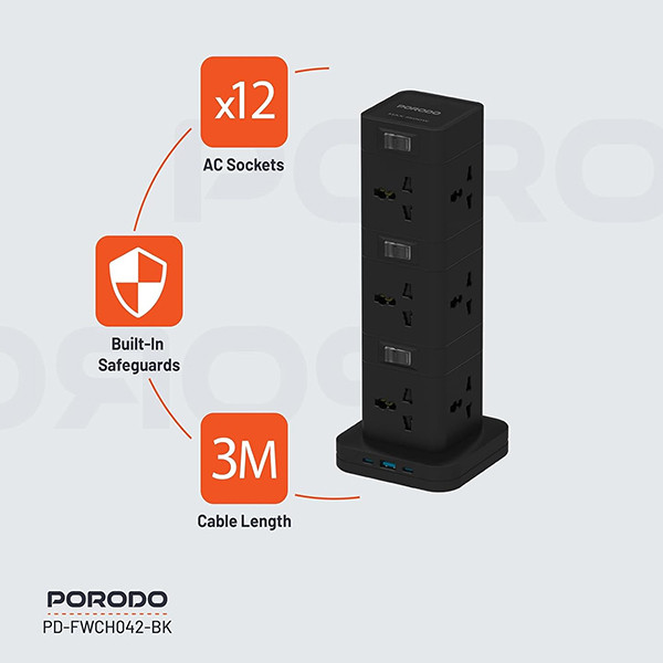 Porodo Chargelink Smart Power Strip 4 AC & 3 USB Ports - Black - mobile shop in Hamra, Beirut, Lebanon. New and used phones, iPhone, Samsung, Huawei, Xiaomi, Oppo, Realme, Honor, Google Pixel, tablets, laptops, computers, and accessories. متجر موبايلات في الحمرا، بيروت، لبنان. هواتف جديدة ومستعملة، آيفون، سامسونج، هواوي، شاومي، أوبو، ريلمي، هونر، جوجل بيكسل، أجهزة لوحية، لابتوبات، كمبيوترات، واكسسوارات.