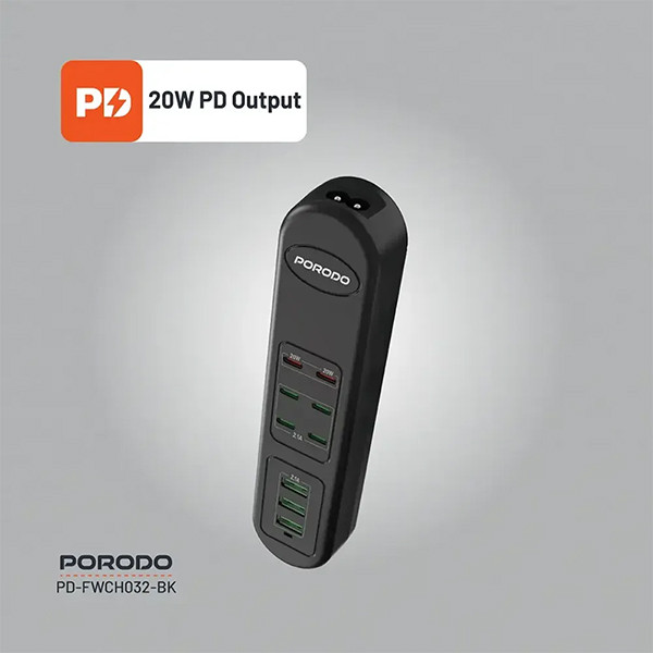 Porodo 50W PDx6 USBx3 Fast Charging Strip UK (2m Wire) - Black - mobile shop in Hamra, Beirut, Lebanon. New and used phones, iPhone, Samsung, Huawei, Xiaomi, Oppo, Realme, Honor, Google Pixel, tablets, laptops, computers, and accessories. متجر موبايلات في الحمرا، بيروت، لبنان. هواتف جديدة ومستعملة، آيفون، سامسونج، هواوي، شاومي، أوبو، ريلمي، هونر، جوجل بيكسل، أجهزة لوحية، لابتوبات، كمبيوترات، واكسسوارات.