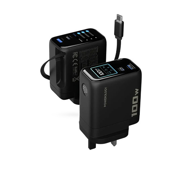 Powerology  100W TFT Adaptor with  Retractable  Cable 1C & 1A - Black, mobiles, lebanon, samsung, iphones, new, used, laptops, computers, huawei, phone, mobile prices in lebanon,mobile prices