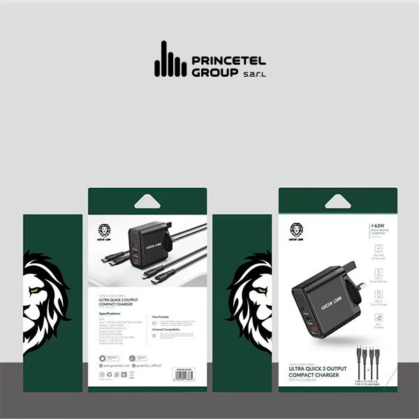 Green Lion Ultra Quick 3 output compact charger with 2 cables 50w - mobile shop in Hamra, Beirut, Lebanon. New and used phones, iPhone, Samsung, Huawei, Xiaomi, Oppo, Realme, Honor, Google Pixel, tablets, laptops, computers, and accessories. متجر موبايلات في الحمرا، بيروت، لبنان. هواتف جديدة ومستعملة، آيفون، سامسونج، هواوي، شاومي، أوبو، ريلمي، هونر، جوجل بيكسل، أجهزة لوحية، لابتوبات، كمبيوترات، واكسسوارات.