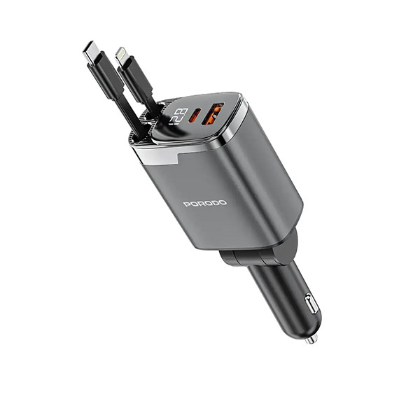 Porodo 111W Multi-  Port Car Charger with Built-in Type-C  + Lightning Cables + Digital Dis  isplay - Gray - mobile shop in Hamra, Beirut, Lebanon. New and used phones, iPhone, Samsung, Huawei, Xiaomi, Oppo, Realme, Honor, Google Pixel, tablets, laptops, computers, and accessories. متجر موبايلات في الحمرا، بيروت، لبنان. هواتف جديدة ومستعملة، آيفون، سامسونج، هواوي، شاومي، أوبو، ريلمي، هونر، جوجل بيكسل، أجهزة لوحية، لابتوبات، كمبيوترات، واكسسوارات.