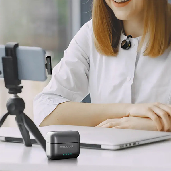 Porodo Movo Lavalier Microphone with 4-5H Battery Life+ Apple & Type-C Connector - Black - mobile shop in Hamra, Beirut, Lebanon. New and used phones, iPhone, Samsung, Huawei, Xiaomi, Oppo, Realme, Honor, Google Pixel, tablets, laptops, computers, and accessories. متجر موبايلات في الحمرا، بيروت، لبنان. هواتف جديدة ومستعملة، آيفون، سامسونج، هواوي، شاومي، أوبو، ريلمي، هونر، جوجل بيكسل، أجهزة لوحية، لابتوبات، كمبيوترات، واكسسوارات.